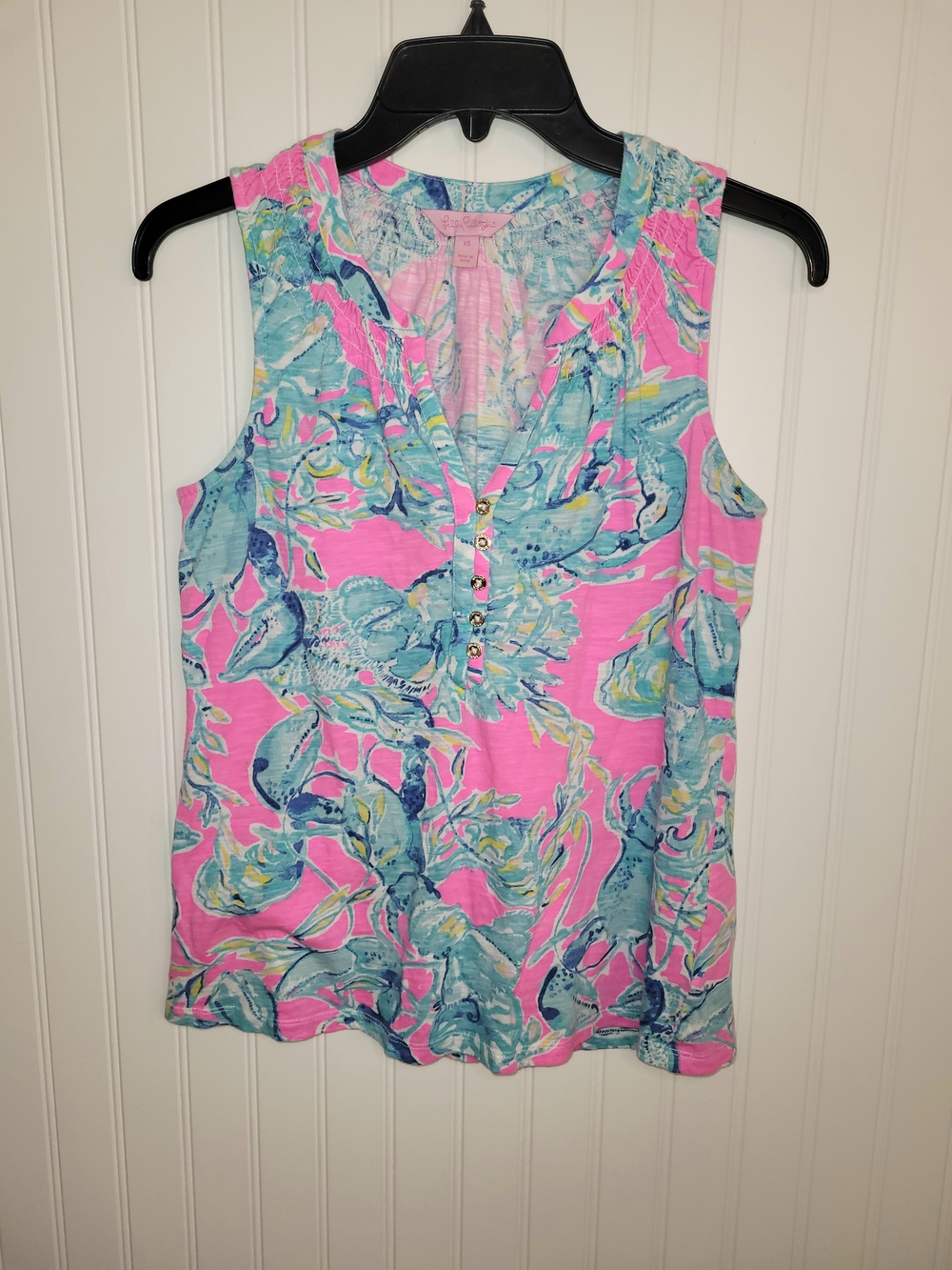 Lilly Pulitzer Essie Lobsters In Love Sleeveless V-Neck Henley Sz XS